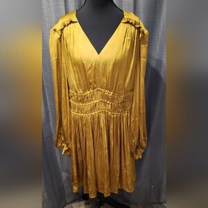 Golden V-Neck Long Sleeve Dress